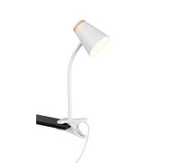 Reality Leuchten Pongo R25831101 - Lampada a morsetto, in plastica bianca opaca, riproduzione in legno, con LED da 4,5 Watt, braccio flessibile
