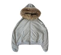 Ponitrack Felpa con cappuccio unisex con cerniera, cappuccio in pelliccia, grunge anni '2000, leggera, vintage, felpa cropped, Y2k Streetwear, e, M