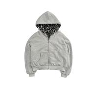 Ponitrack Giacca vintage leopardata Y2k reversibile zip up giacca ampia manica lunga felpa con cappuccio grunge streetwear unisex, Grigio, Medium