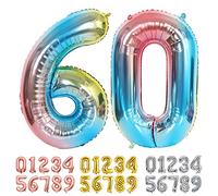 Ponmoo Foil Palloncini Numeri 60 Blu, Gigante Numero 0 1 2 3 4 5 6 7 8 9 10-19 20-29 30 40 50 60 70 80 90 100, Gonfiabili Pallone per Anniversario, Decorazione Feste di Compleanno Palloncino