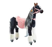 PONNIE Cavallo da equitazione con ruote Domino M (5-12 anni), cavallo da gioco per equitazione con sella rosa rimovibile e cavezza con briglie e criniera e coda pettinabili, cavallo di peluche per