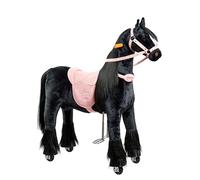PONNIE Cavallo da equitazione con ruote Ebony M (5-12 anni), cavallo da gioco per equitazione con sella rosa rimovibile e cavezza con briglia, criniera e coda, cavallo di peluche da equitazione per