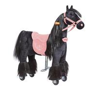 Ponnie - Ebony con sella rosa, cavallo da equitazione per bambini, 3-6 anni, S, cavallo su ruote, in peluche, con una criniera a pettine, supporto regolabile per i piedi