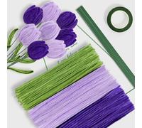 PONSEY Pulitore per pipa a tulipano, 300 pezzi, per fai da te, filo di ciniglia, pulitore per pipe con nastro e aste, per tulipano, progetti artigianali (verde, viola, lilla)