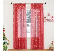 PONY DANCE Tende per Interni Natalizie 2 Pezzi 140x245 CM Tende Trasparenti con Fettuccia Decorazione Voile Curtains Moderne per Soggiorno Decorazioni Rosse Natalizie