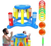 Pool Basketball Hoop - Water Game | Ring Toss Set, 2 Inflatable Balls | 8 Toss Rings, Cross Target Challenge, Quick Inflation Included, Family Competition Activity, For Pool Parties & Beach Trips