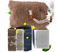 Poola & Bloom Set di Saponi Naturali per Uomo - 4 Barre Idratanti Ed Esfolianti con Lavanda Eucalipto Limone e Patchouli Borsa in Sisal Cura Personale Regalo Pelle Sensibile