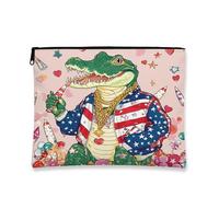 Pop Art - Borsa cosmetica con coccodrillo, stile patriottico vintage, da viaggio, con cerniera, organizer regalo per le vacanze, Verde, 7x9 Inch, coccodrillo