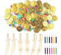POPAPIE 12 Pezzi Spade Pirata in Legno per Bambini Sciabola Pirata Da Dipingere Kit Artigianale Spada Pirata con Penne Colorate,Monete D'oro Pirata,Gemme Dei Pirati