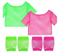 POPAPIE 2 Pezzi Costume Anni 80 Anni 90 Donna,Accessori Neon Anni 80 Maglietta a Rete,Maglia a Rete Neon e 2 Paia Guanti a Reté per Festa a Tema Carnevale Natale & Cosplay