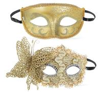 POPETPOP 2 Pezzi Maschere da Ballo Veneziane per Coppia in Plastica Oro, Riutilizzabili e Resistenti, Stile Vintage Elegante Perfette per Eventi Formali e Feste in Maschera