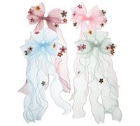 POPETPOP 4pezzi Fermaglio Capelli Bambina Con Fiocchi in Tulle Accessori Per Capelli Per Principesse Con Nastri Coda Lunga Disponibili in Rosa Blu Giallo e Verde Per Feste e Acconciature Da