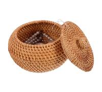 POPETPOP Cesto Rotondo in Rattan Tessuto a Mano con Coperchio Piccolo Portaoggetti Decorativo per Casa Bagno e Cucina Organizer Naturale Traspirante per Scaffali e Armadi