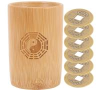 POPETPOP Set di Forniture la Divinazione Secchio in bambù e 6 Monete di Rame Cinesi, Accessori Tradizionali per Giochi di Predizione e Oggetti di Divinazione in Stile Cinese,