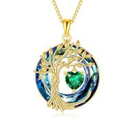 POPLYKE Collana con albero della vita, in argento sterling 925, con pietra portafortuna, collana con cristallo (oro 18 carati, placcato in oro 18 carati, cristallo blu, meraldo 05 maggio)