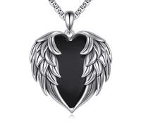 POPLYKE Collana con ali d'angelo, per uomo e donna, in argento Sterling 925, con cuore, onice nero, gioiello gotico con angelo custode