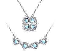 POPLYKE Collana da donna in argento Sterling Lucky Four Clover con zirconi cubici magnetici a forma di cuore, Zirconia cubica Pietra di luna zirconi, Moonstone, zirconi