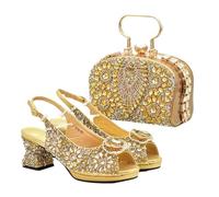 Popolarità delle donne Peep Toe tacchi Party Full Diamond pompe scarpe italiane e borse set coordinato, Oro, 40.5 EU