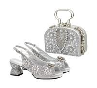 Popolarità delle donne Peep Toe tacchi Party Full Diamond pompe scarpe italiane e borse set coordinato, Argento, 42.5 EU