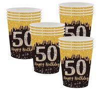 POPOYU 16 bicchieri di carta per il 50° compleanno, colore nero e oro, per festa di compleanno da uomo, per il 50° compleanno, decorazioni per lui, lei, uomini, donne, 50° compleanno, regali per feste