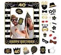 Popoyu - Decorazioni per il 40° compleanno da uomo e donna, cornice gonfiabile per selfie in oro nero e 34 accessori per foto del 40° compleanno, gigantesca cornice gonfiabile per foto di festa per la