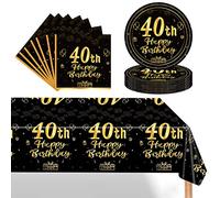 POPOYU Set da tavola per 40° compleanno, 37 pezzi, piatti di carta nero e oro, tovaglioli da 17,8 cm, per uomini, donne, lui, per lei e per il 40° compleanno