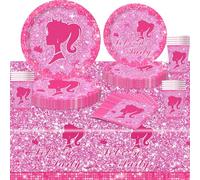 POPOYU Set da Tavola per Feste, 69 Pezzi, Rosa Acceso, Con Piatti e Bicchieri di Carta, Tovaglioli, Tovaglia a Tema Bar-bie, per Ragazze, Compleanni, Feste, Decorazione
