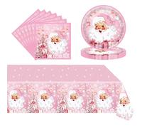 POPOYU Set di 37 Piatti di Carta Natalizi Rosa,Stoviglie per Feste in Carta di Natale,20 x Tovaglioli,16 x Piatti Piani di Carta,137x274cm Tovaglia Natalizia per Decorazioni Natalizie(16 ospiti)