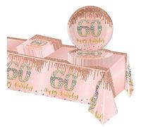 POPOYU Set di stoviglie usa e getta per 60° compleanno, 37 pezzi, piatti di carta oro rosa e oro, tovaglioli da 22,9 cm, per regali per 60° compleanno