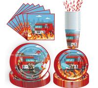 POPOYU Set Festa Vigili del Fuoco 84 Pezzi per 16 Ospiti Bambini | Include Piatti 7 e 9 Pollici, Bicchieri, Tovaglioli e Cannucce; Grafica Camion Rosso per Buffet, Torta e Tavola Coordinata.