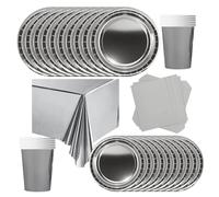 POPOYU Set Stoviglie per Feste di Compleanno Argento, 69 Pezzi con Piatti, Tovaglioli, Tazze e Tovaglia per 16 Ospiti - Ideale per Matrimoni e Decorazioni Natalizie