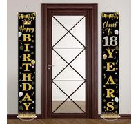 POPOYU Striscione per 18° compleanno, in tessuto nero e oro, per lui e lei, 18 anni, decorazione per interni ed esterni
