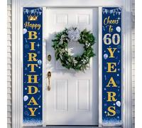 POPOYU Striscione per porta per 60° compleanno, per uomini e donne, in tessuto blu navy e oro, per lui e lei, decorazioni per feste per interni ed esterni