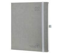 POPRUN Agenda 2025 2026 Settimanale Verticale 26,5 x 21,5 cm, Diario Scuola 17 Mesi da Ago.2025 a Dic.2026, Portapenne Autoadesivo, Copertina Morbida in Pelle Vegana e Carta Spessa da 80 GSM, Grigio