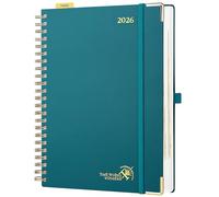 POPRUN Agenda giornaliera 2026, una pagina al giorno, formato A4, formato grande, 21,6 x 30,5 cm, copertina rigida a spirale, agenda 2026 con calendario mensile, portapenne, carta avorio, verde