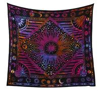 Popular Handicrafts - Arazzo per camera da letto da parete, con sole ardente e luna, da meditazione, copriletto in stile hippie, bohémien, psichedelico, indiano, 140 x 150 cm, multicolore tie dye