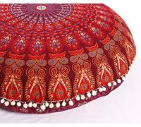 Popular Handicrafts Federa per cuscino da pavimento, motivo mandala hippie, grande, con pompon e particelle morbide, federa rotonda bohémien per yoga, 81,3 cm, marrone
