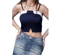 POPWINGS Casual Solid Noodle Strap Square Neck Centro Ritaglio Crop Top per le donne || Elegante ultima estate occidentale delle donne Crop Top, Blu navy, 42