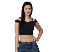 POPWINGS Casual Solid Shimmer Off Spalla Crop Top per le Donne || Senza Maniche Crop Top per le Donne || Ultime Donne Elegante Crop Top || Top Crop Donna per l'Estate, Blu navy, 46