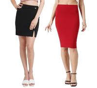 POPWINGS Gonne casual combinate da donna || Gonne combinate per le donne al ginocchio gonne combinate per l'estate || Ultima elegante gonna da donna alla moda combo, Rosso::Nero, 38
