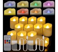 Porashine Candele ricaricabili a LED, 12 pezzi, bianco caldo/RGB/7 colori, con telecomando, timer, cavo USB, 3D, senza fiamma, per casa, camera, tavolo, Halloween, Natale