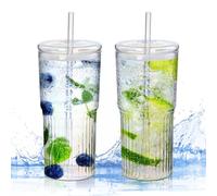 PORFOYO Bicchieri con Cannuccia e Coperchio, 2 Pezzi 600ml Bicchiere Vetro con Cannuccia, Coppe in Vetro Design a Tenuta Stagna, Tazza con Coperchio, Tazza con CoperchioTrasparente