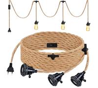 PORFOYO Hanging Kit di Lampade In Corda di Canapa, Portalampada E27 con Spina E Interruttore, 6.8 m Testa Singola Lampada a Sospensione Cavo Edison Retrò Lampada, 3 Lampada Senza Lampadina