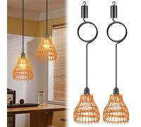 PORFOYO Lampada A Sospensione,2 Pezzi E27 Lampadario Rattan Con Telecomando,Lampade A Sospensione Rattan,Boho Lampada Da Soffitto Per Patio Bar Giardino Terrazza Soggiorno Camera da letto