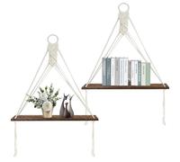 PORFOYO Mensola da parete in legno, set da 2 scaffali da parete in stile boho, in legno con corda di cotone, per soggiorno, camera da letto, bagno, decorazione da parete