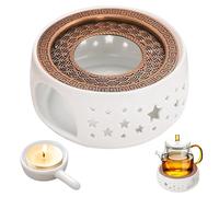 PORFOYO Scalda Teiera, Fornellino per Teiera in Ceramica con Portacandela e Tappetino Termico Base per Teiera Bianca Cava Design Intagliato Fornelli da tè per Conservazione del Calore di caffè e tè