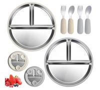 PORFOYO Set da 2 Piatti per Bambini con Ventosa, Piatti in Acciaio Inox con Coperchio, Piatti Svezzamento Antiscivolo per Neonati e Bambini, con Cucchiaio e Forchetta