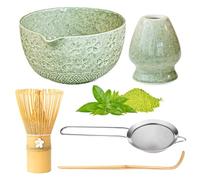 PORFOYO Set da tè Matcha, 5 pezzi Kit Matcha Fatto A Mano, Servizio Da Tè Giapponese, Disponibile con Ciotola Per Matcha, Frusta Matcha, Supporto, Mestolo, Setaccio Per Matcha (Verde)