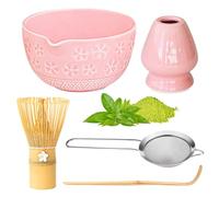 PORFOYO Set da tè Matcha, 5 pezzi Kit Matcha Fatto A Mano, Servizio Da Tè Giapponese, Disponibile con Ciotola Per Matcha, Frusta Matcha, Supporto, Mestolo, Setaccio Per Matcha (Rosa)