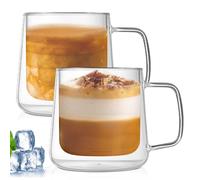 PORFOYO Set di 2 Bicchieri a Doppia Parete, 400ml Tazze da Cappuccino con Manico, Tazze da Caffè per Latte, Cappuccino, Succo, Tè, Acqua